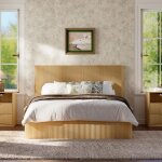 Lit � coffre 160x200 cm hydraulique design rainur� ch�ne clair lattes bois massif grande capacit� de ...