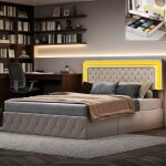 Lit coffre 160x200 cm - leww - beige velours - led - d�coration de boutons - sommier � lattes inclus