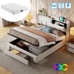 Lit coffre 160x200 cm - luminarix - velours blanc - led et usb int�gr�s - tiroirs de rangement