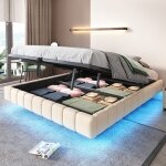 Lit coffre capitonn� 160x200 cm - rangement cach� - led int�gr�e - sommier � ressorts - lin beige