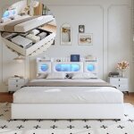 Lit coffre 160 x 200 cm - �clairage led - port usb - t�te de lit rembourr�e - hydraulic storage space ...