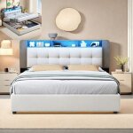 Lit coffre 160x200 cm - ravas - �clairage led - rangement int�gr� - velours blanc cass� - moderne