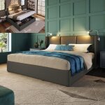 Lit coffre 160x200 cm - avec sommier  lattes - lampes de lecture et ports usb - simili cuir - gris