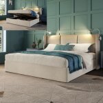 Lit coffre 160x200 cm - avec sommier à lattes - lampes de lecture et ports usb - tissu en lin - beige ... Lit coffre 160x200 cm - avec sommier à lattes - lampes de lecture et ports usb - tissu en lin - beige ...