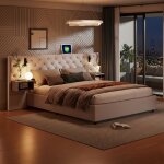 Lit coffre 160x200 cm avec sommier � lattes t�te de lit capitonn�e en velours led int�gr� 2 tables de ...