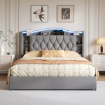 Lit coffre - 160x200 cm - tissu velours gris - sommier � lattes & rangement coffre - led int�gr�e usb ...