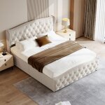 Lit coffre 160x200 cm velours beige - cadre rembourr� capitonn� sommier inclus rangement hydraulique