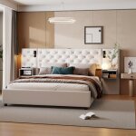 Lit coffre 160x200 cm velours blanc cass� t�te de lit avec led 2 tiroirs usb sommier � lattes chambre ...