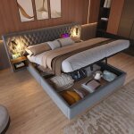 Lit coffre 160x200 double t�te rembourr�e chevets int�gr�s rangement hydraulique velours gris (sans matelas) ...