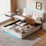 Lit coffre 160x200 - kilisky - led et t�te de lit capitonn� - rangement int�gr� - lit double adulte avec ...