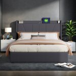 Lit coffre 160x200 avec sommier lit double avec port usb type c lits 2 personnes avec rangement cadre ...