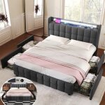 Lit double capitonné 160x200 cm lit adulte avec led et usb 4 tiroirs sommier à lattes en bois gris (sans ... Lit double capitonné 160x200 cm lit adulte avec led et usb 4 tiroirs sommier à lattes en bois gris (sans ...