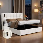 Lit coffre 160x200 avec sommier t�te de lit rembourr�e avec 2 liseuses led rangement int�gr� lit rembourr� ...