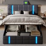 Lit coffre 160x200 avec usb et led?cadre de lit de rangement hydraulique rembourr� en pu?avec sommier?2 ...
