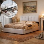 Lit coffre 160x200 - velours blanc cass� - led int�gr�e - rangement - 300 kg de capacit�