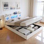 Lit coffre 160x200cm avec sommier cadre de lit avec �clairage led et usb de charge lit double rembourr� ...