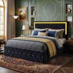 Lit coffre 160x200cm - sommier � v�rins hydrauliques - t�te de lit capitonn�e - velours noir