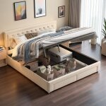 Lit coffre 180 x 200 cm - lit double avec 2 tiroirs - lit avec sommier � lattes - rangement pneumatique ...