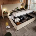 Lit coffre 180 x 200 cm t�te de lit avec �tag�re lampes tactiles et ports usb type c lin beige sans matelas ...