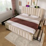 Lit coffre 180x200 4 tiroirs coulissants lit double sommier inclus rev�tement lin beige ports usb structure ...