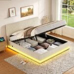 Lit coffre 2 places - langtu - 180x200 beige velours c�tel� - led r�glable - ports usb?c - t�te de lit ...