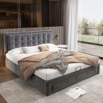 Lit coffre 180x200 cm avec 2 tiroirs lit double avec sommier à lattes tissu en velours gris Lit coffre 180x200 cm avec 2 tiroirs lit double avec sommier à lattes tissu en velours gris