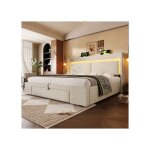 Lit coffre 180x200 cm - lit double avec t�te de lit avec led chargement usb et type c - en lin - beige ...