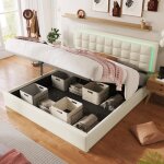 Lit coffre 180x200 cm avec led lit double avec sommier à lattes tissu en pu blanc Lit coffre 180x200 cm avec led lit double avec sommier à lattes tissu en pu blanc