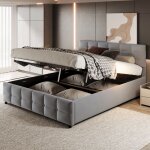 Lit coffre 180x200 cm rangement hydraulique sommier � lattes tissu velours rembourr� gris (sans matelas) ...