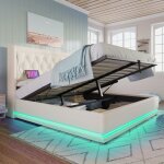 Modenuit lit rembourr� 180x200 cm avec led rangement hydraulique et t�te capitonn�e pu blanc (sans matelas) ...