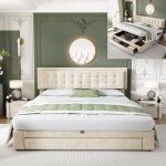 Lit coffre 180x200 cm - sommier et tête - 2 tiroirs - tissu en velours - beige Lit coffre 180x200 cm - sommier et tête - 2 tiroirs - tissu en velours - beige