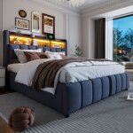 Lit coffre 180x200 cm en tissu lin gris avec t�te � �tag�res led multicolore et ports usb / type?c m�canisme ...