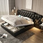 Lit coffre - langtu - lit coffre 180x200 cm velours noir - t�te de lit xxl capitonn�e - liseuses & usb ...