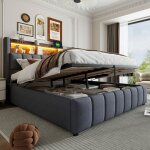 Lit coffre 180x200 avec led et usb lit adulte rembourr� avec rangement sommier � lattes 1 �tag�re 3 compartime ...