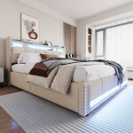 Lit coffre 180x200cm en lin - avec led et prise usb - coffre de rangement - sommier � lattes - avec levier ...
