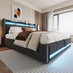 Lit coffre 180x200cm en lin - avec led et prise usb - coffre de rangement - sommier � lattes - avec levier ...