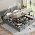 Lit coffre 180x200cm - redom - tête de lit réglable - velours gris - 2 places - rangement pratique Lit coffre 180x200cm - redom - tête de lit réglable - velours gris - 2 places - rangement pratique