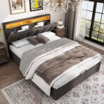 Lit coffre 2 places 140 x 190 cm en lin gris - rangement sous sommier hydraulique t�te de lit avec niches ...
