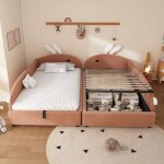 Lit coffre 90�200 cm�2 - lit enfant avec coffre int�gr� t�te de lit lapin structure velours fsc - p�te ...