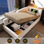 Lit coffre - merax - daybed 90x190 - velours beige - sommier hydraulique - lampe de lecture & usb - c ...