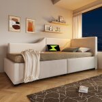 Lit coffre 90x190 cm en velours beige avec liseuse et usb?c sommier � lattes hydraulique ? design classique ...