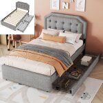 Lit simple 90×200 cm lit coffre 1 personne table de chevet avec clous décoratifs double 2 tiroirs gris ... Lit simple 90×200 cm lit coffre 1 personne table de chevet avec clous décoratifs double 2 tiroirs gris ...