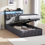 Lit coffre 90x200 cm - lit enfant avec rangement - led int�gr�e - usb - gris