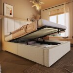 Lit coffre 90x200 cm avec porte gobelet cach� et station de charge sommier � lattes lin beige sans matelas ...