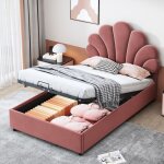 Lit coffre 90x200 cm t�te de lit r�glable en hauteur hydraulique velours sans matelas rose