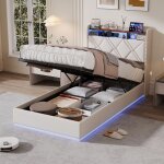 Lit coffre 90x200 - rangement int�gr� - tissu en lin - led lumineuses - port usb - rangement hydraulique ...