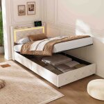 Lit coffre 90x200cm - velours beige - t�te de lit rangement & led - charge usb / type - c - sommier hydrauliqu ...