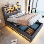 Lit coffre adulte 140�200 cm avec led t�te de lit coffre port usb sommier � lattes tapissier sans matelas ...