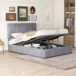 Lit coffre - dreammespace - 140 x 200 cm - velours gris - sommier � lattes - t�te de lit r�glable