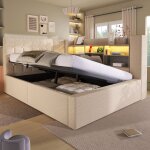 Lit coffre adulte 140x190 cm led double t�te l r�versible avec rangement lin ports usb sans matelas beige ...